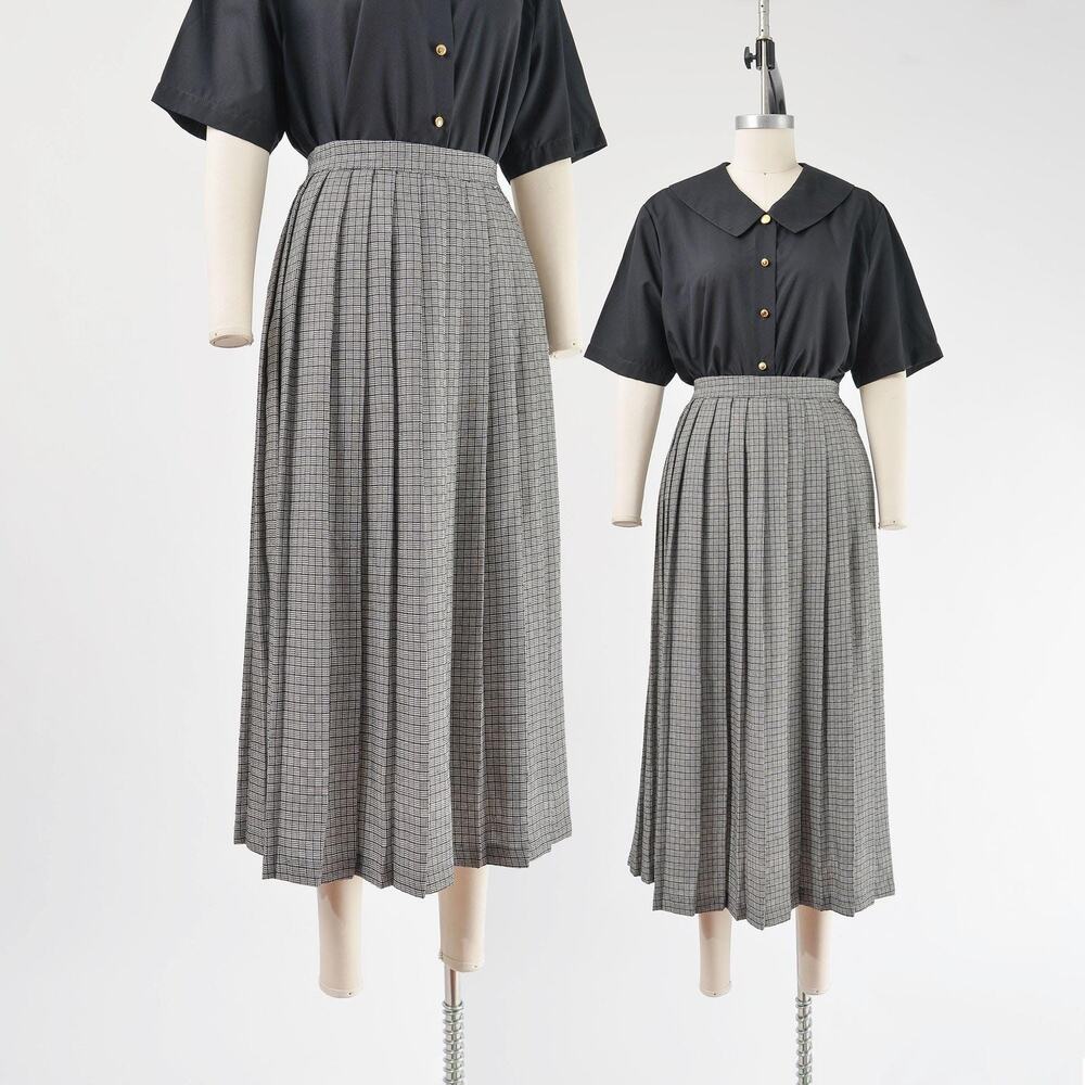Vintage 80s Plaid Pleated Skirt Black and White Knife Pleat Midi Skirt Large